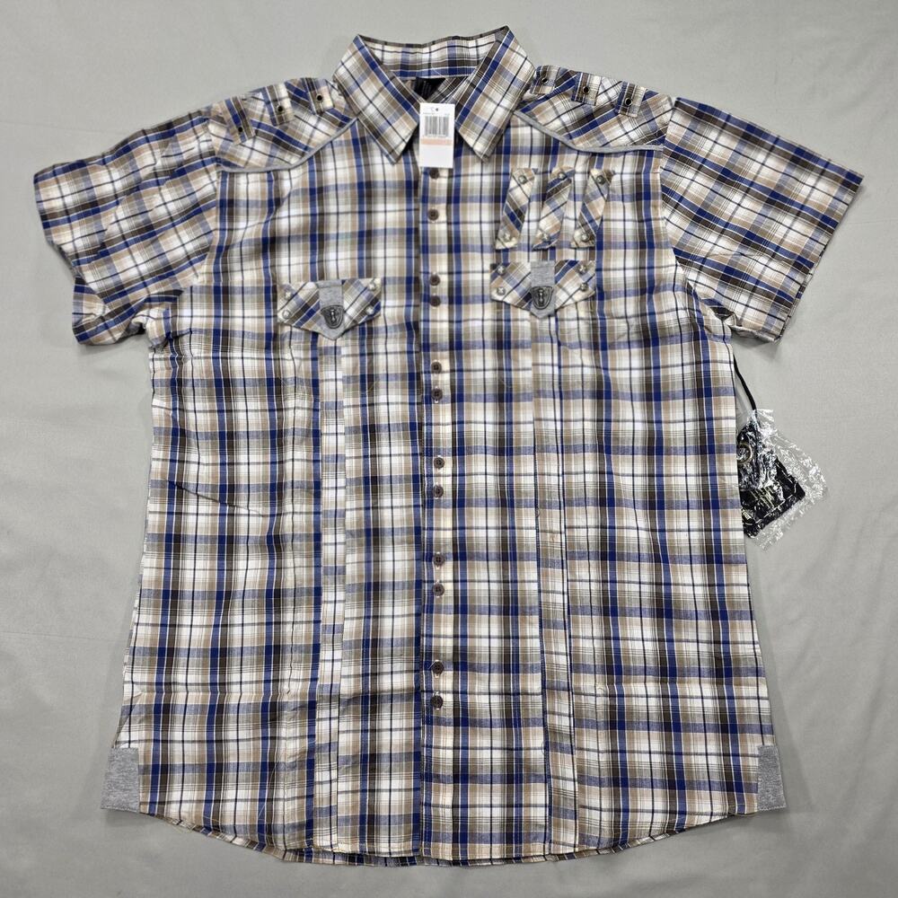 Black Label Mens Shirt 2X Biker Graphic Plaid Y2K Streetwear Button Up Statement